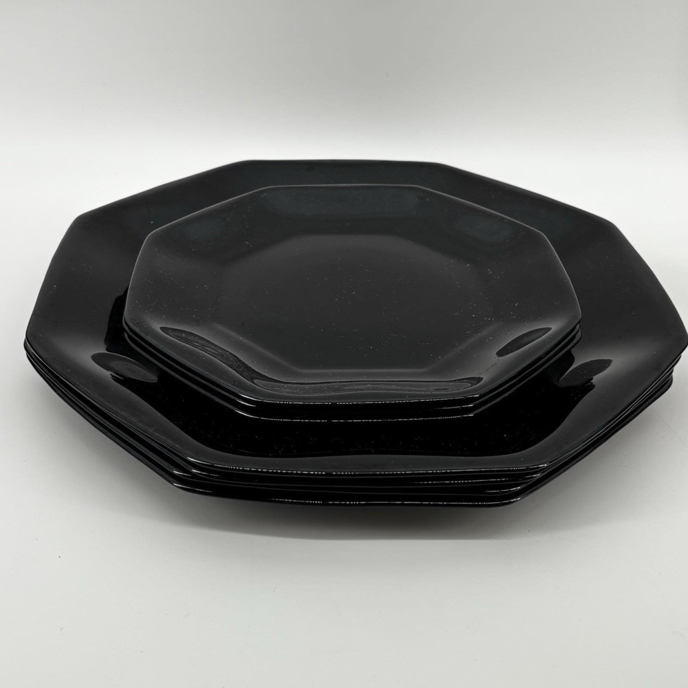Vintage Arcoroc OCTIME Black 4 Dinner 3 Salad Dessert Plates Glass France